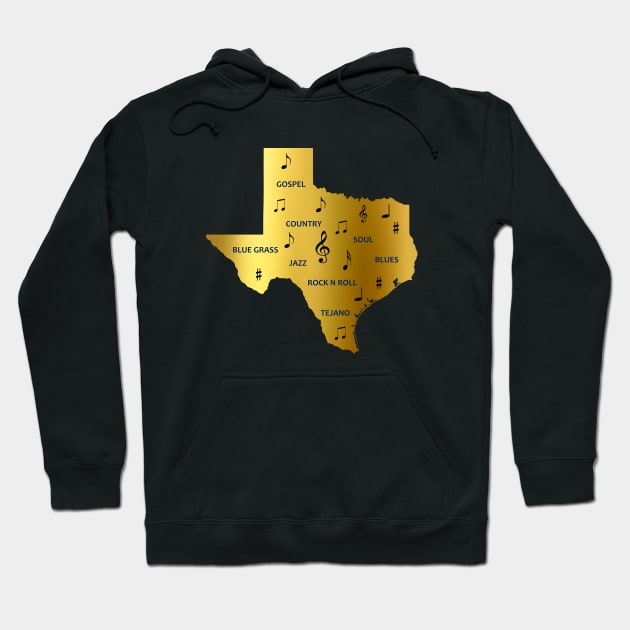 Texas Music notes and genres in a gold Texas State Map Hoodie by Star58